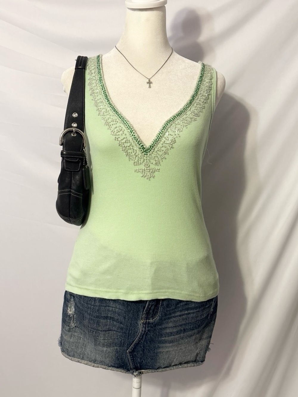 Y2K Forever 21 Green Beadwork Rhinestone Studded Sparkly V Neck Tank